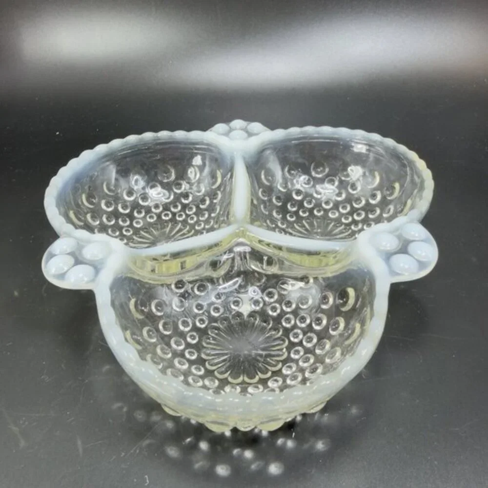 Anchor Hocking Moonstone Clear Opalescent Hobnail Relish Dish 3 Parts Glass Dish